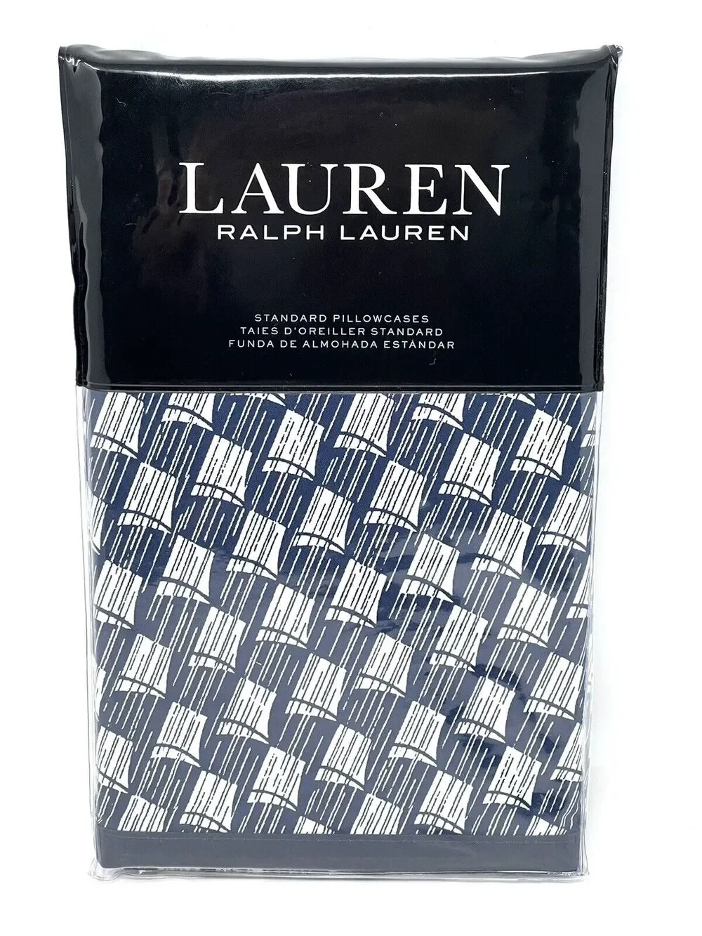Ralph Lauren Casey Standard Pillowcases Navy Blue Cream PAIR Sails Nautical Geo